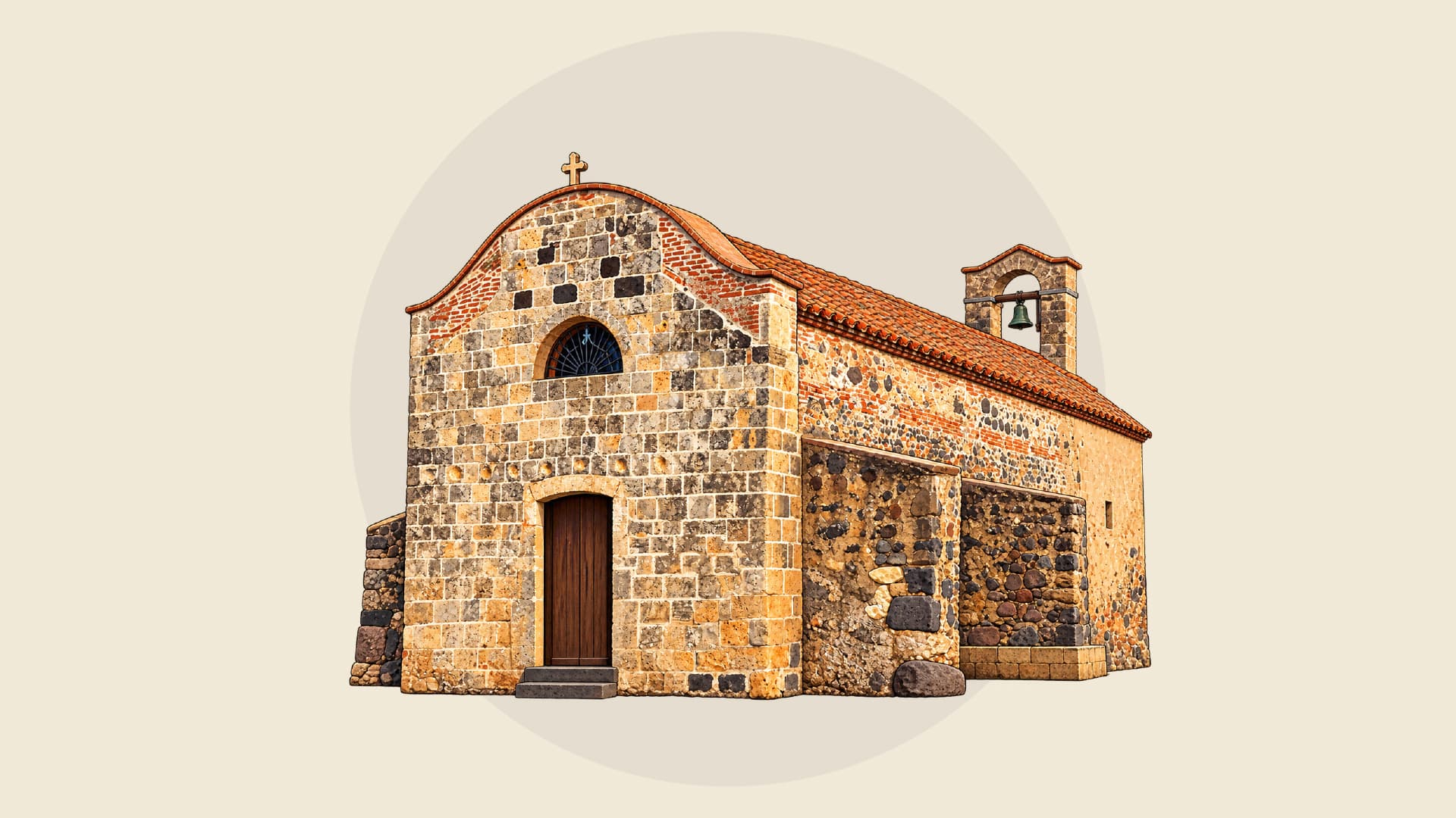 Illustrazione della chiesa romanica in pietra con il campanile a vela e la croce sul tetto