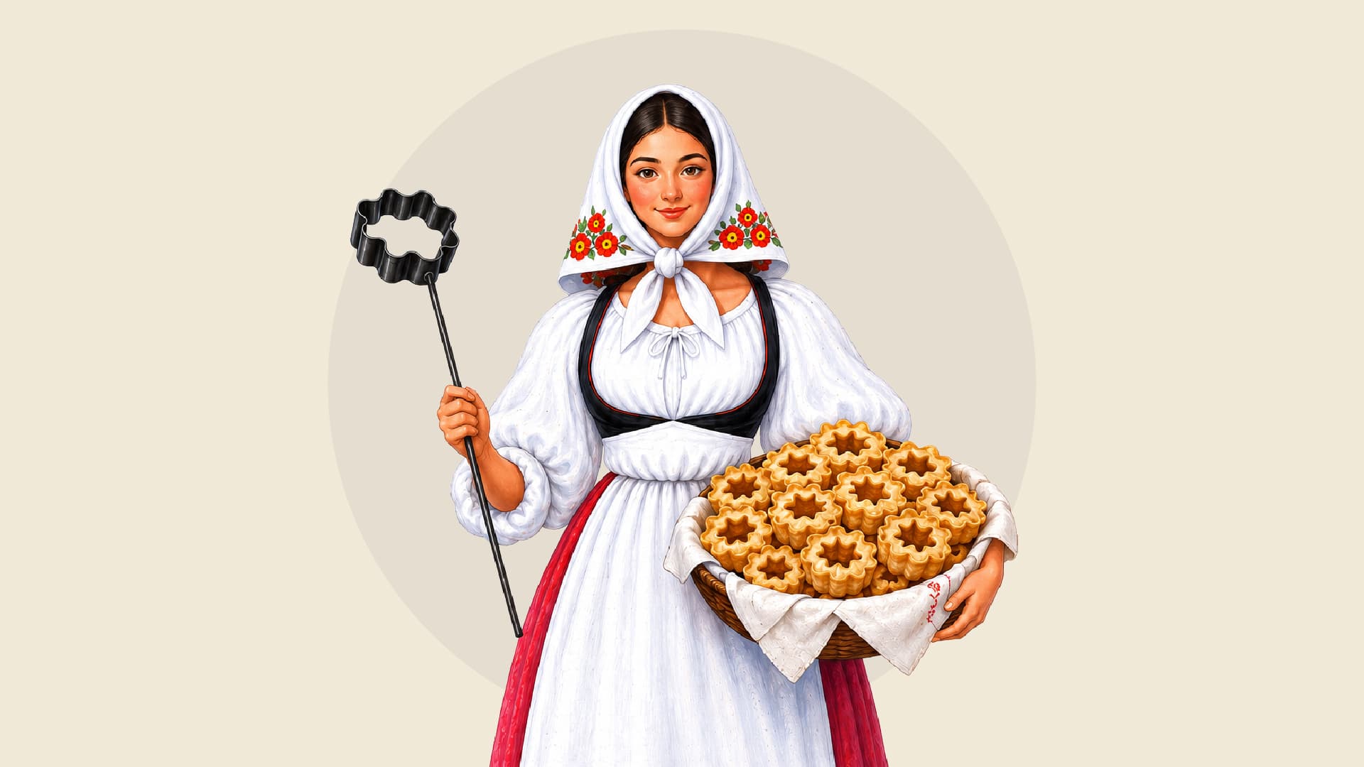 Illustrazione di una donna in costume sardo con lo stampo per le rosette e un cestino di dolci