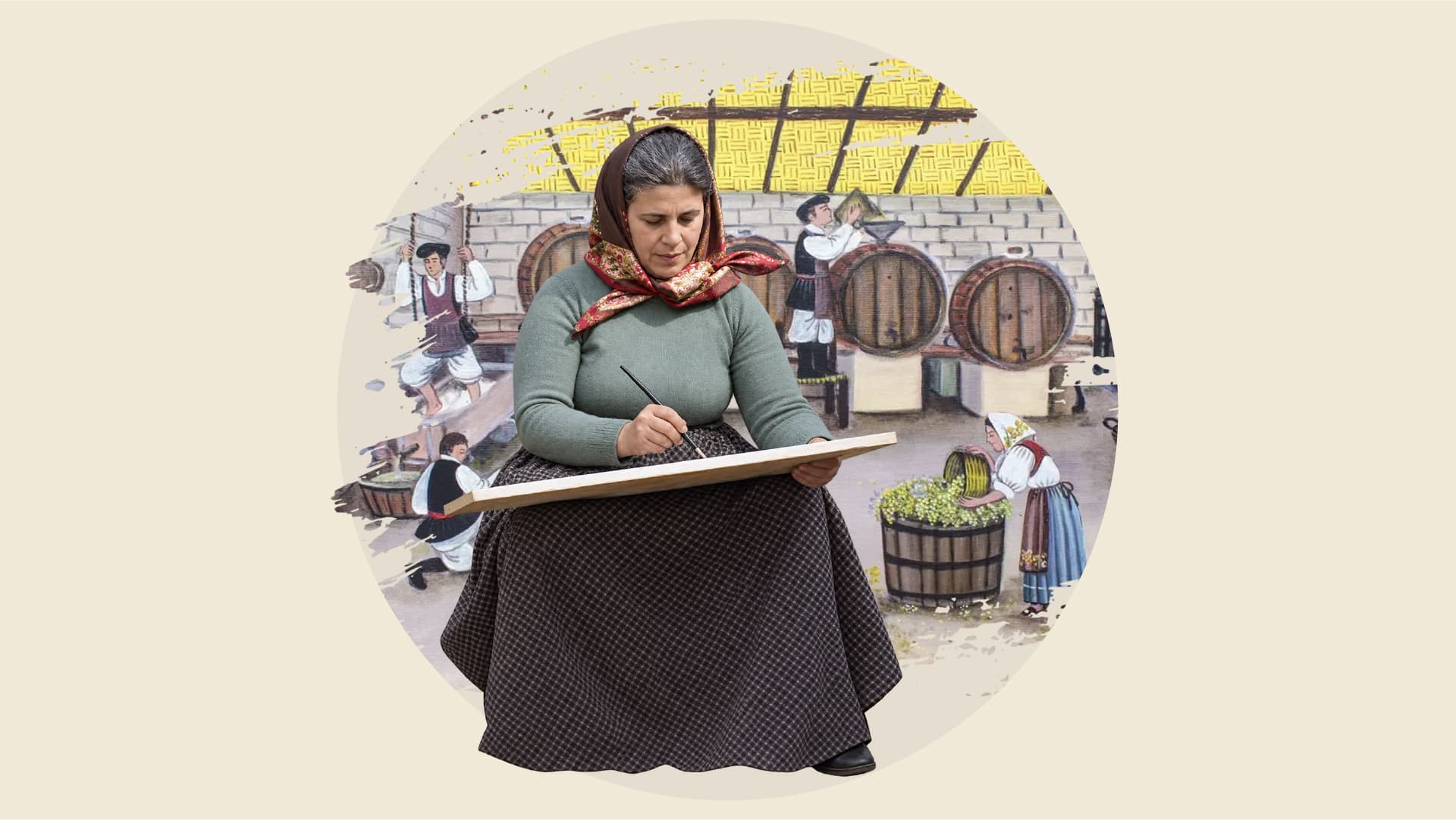 Illustrazione di Zia Veronica china sul cavalletto, con lo scorcio dipinto della cantina alle spalle