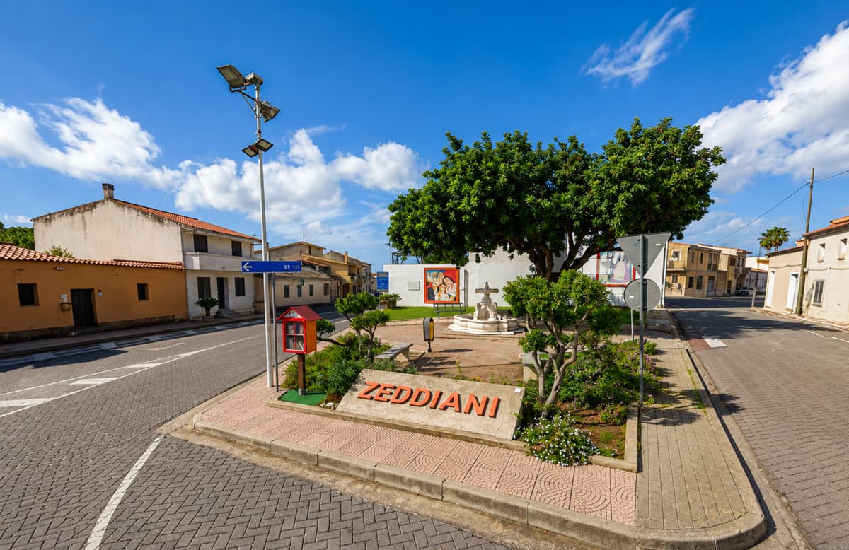 Piazza dello Zampillo: la scritta ZEDDIANI in rosso davanti all'aiuola, la fontana a zampillo sotto l'albero e la casetta dei libri sul marciapiede