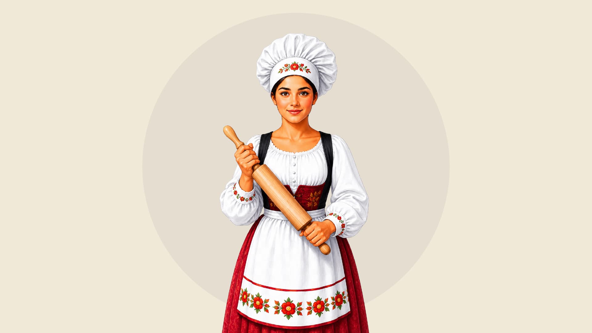 Illustrazione di una cuoca in costume sardo con cappello da chef e matterello